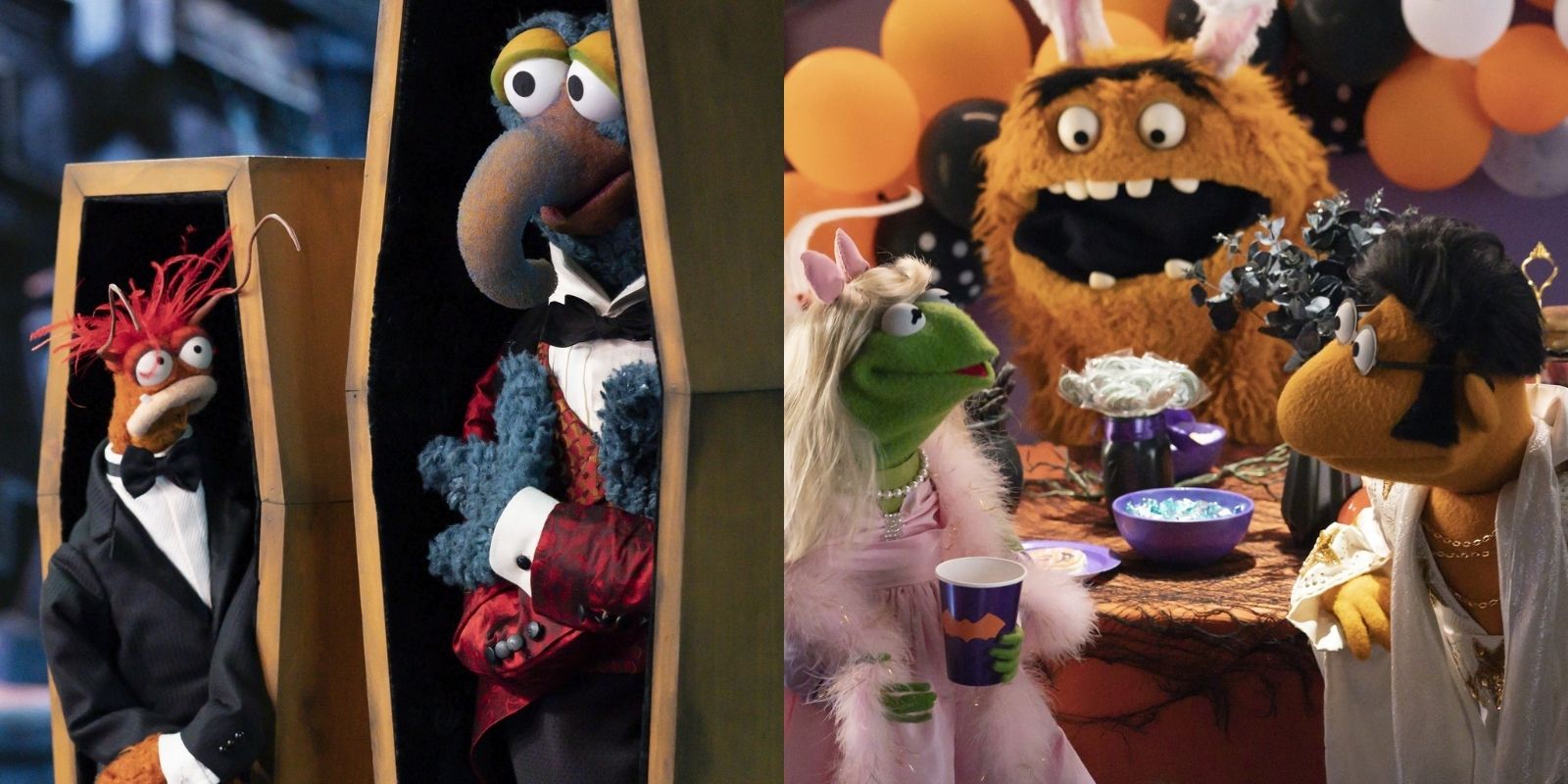Pepe the King Prawn and Gonzo in coffins and Kermit dressed as Miss Piggy and Scooter dressed as Elvis in Muppets Haunted Mansion