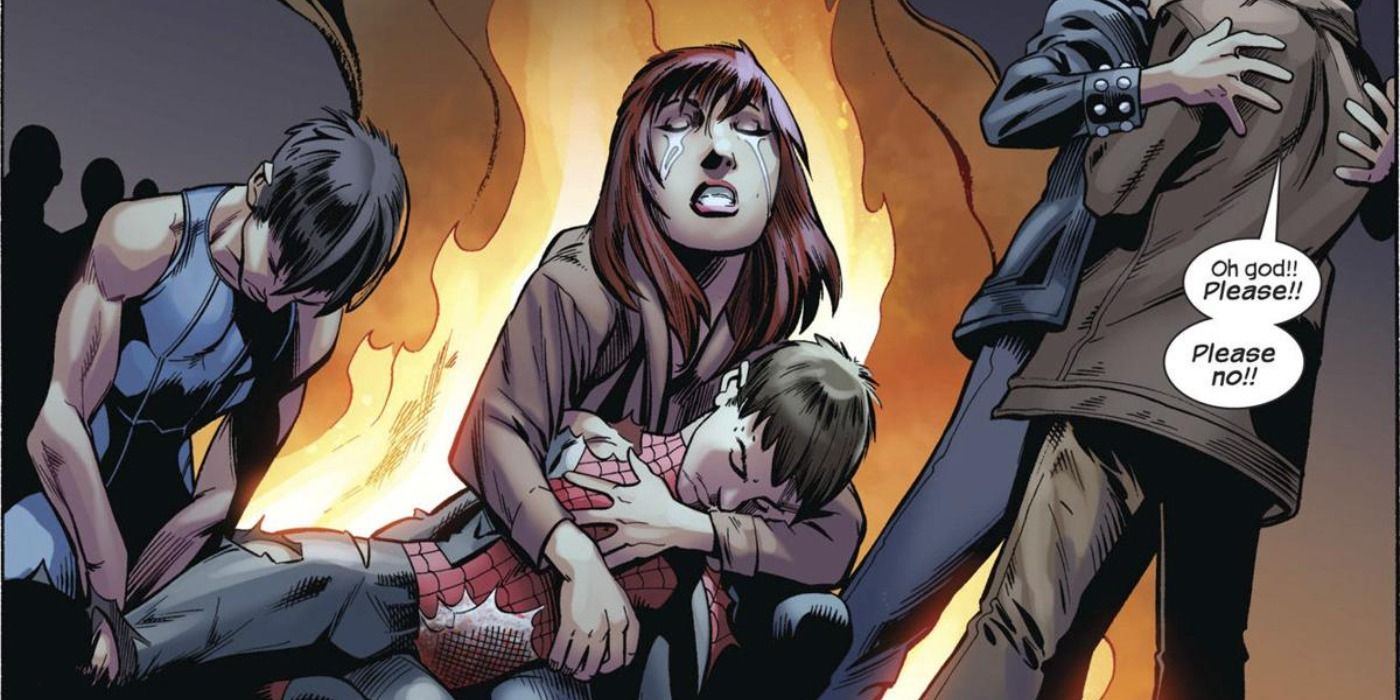 MJ holding Peter's dying body in Marvel comics