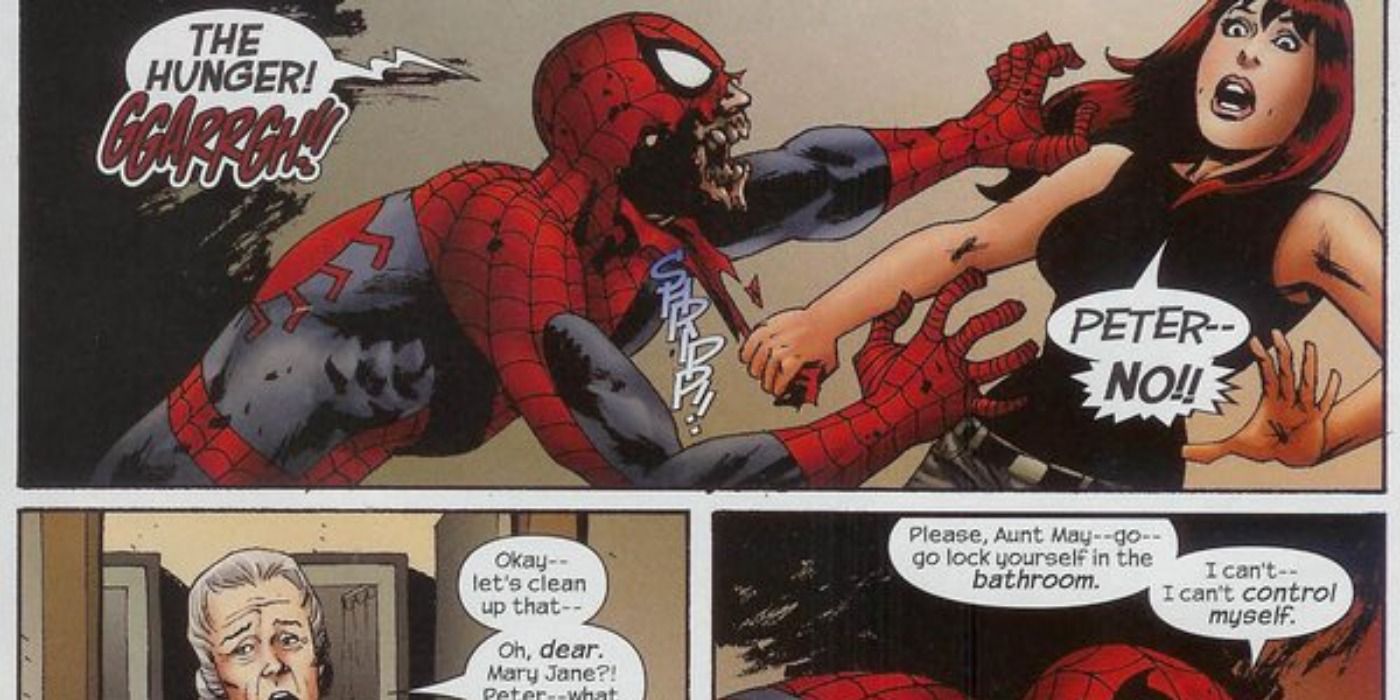 A zombified Peter attacks MJ