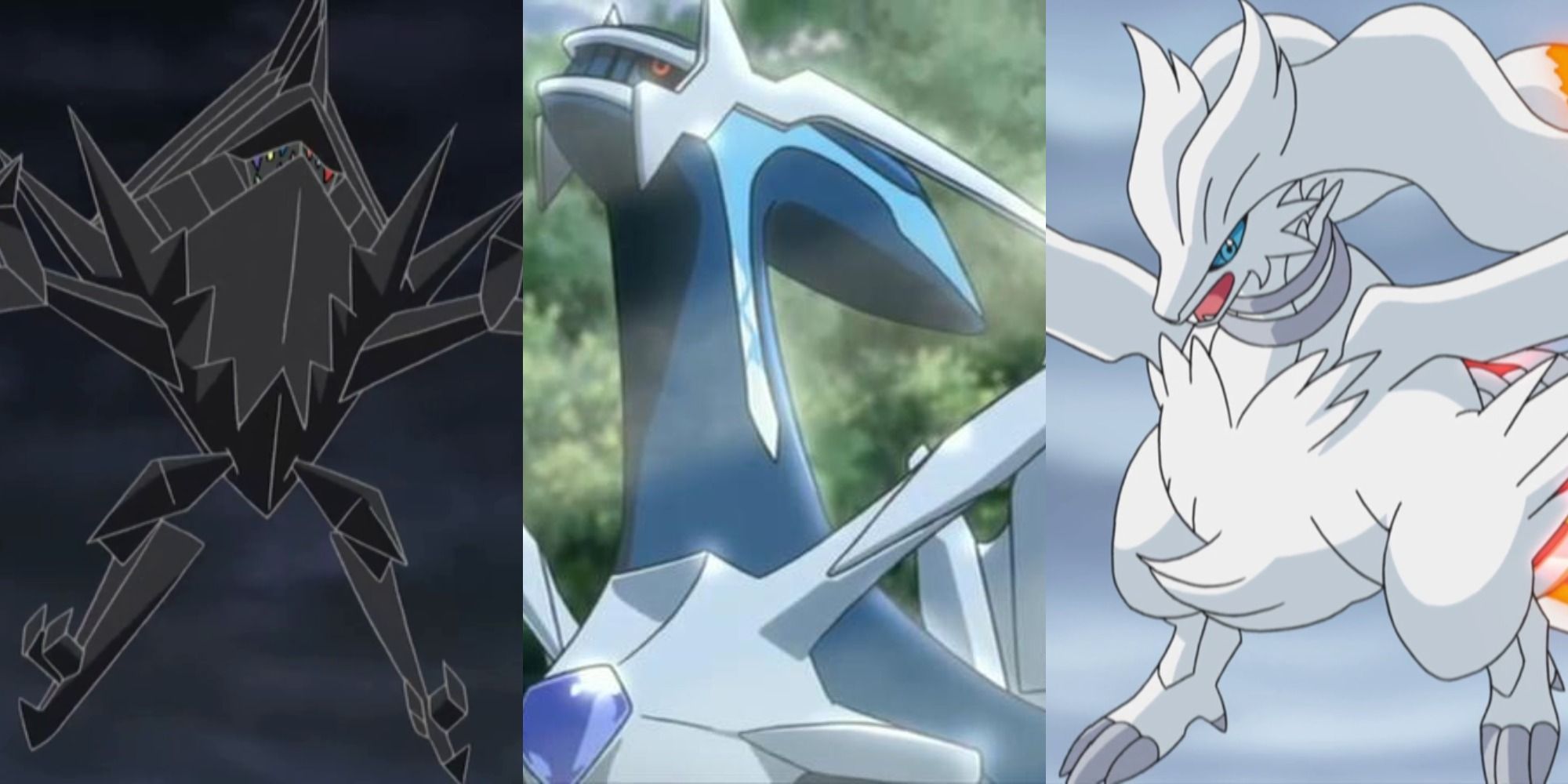 Split image showing Necrozma, Dialga, and Reshiram in the Pokémon anime
