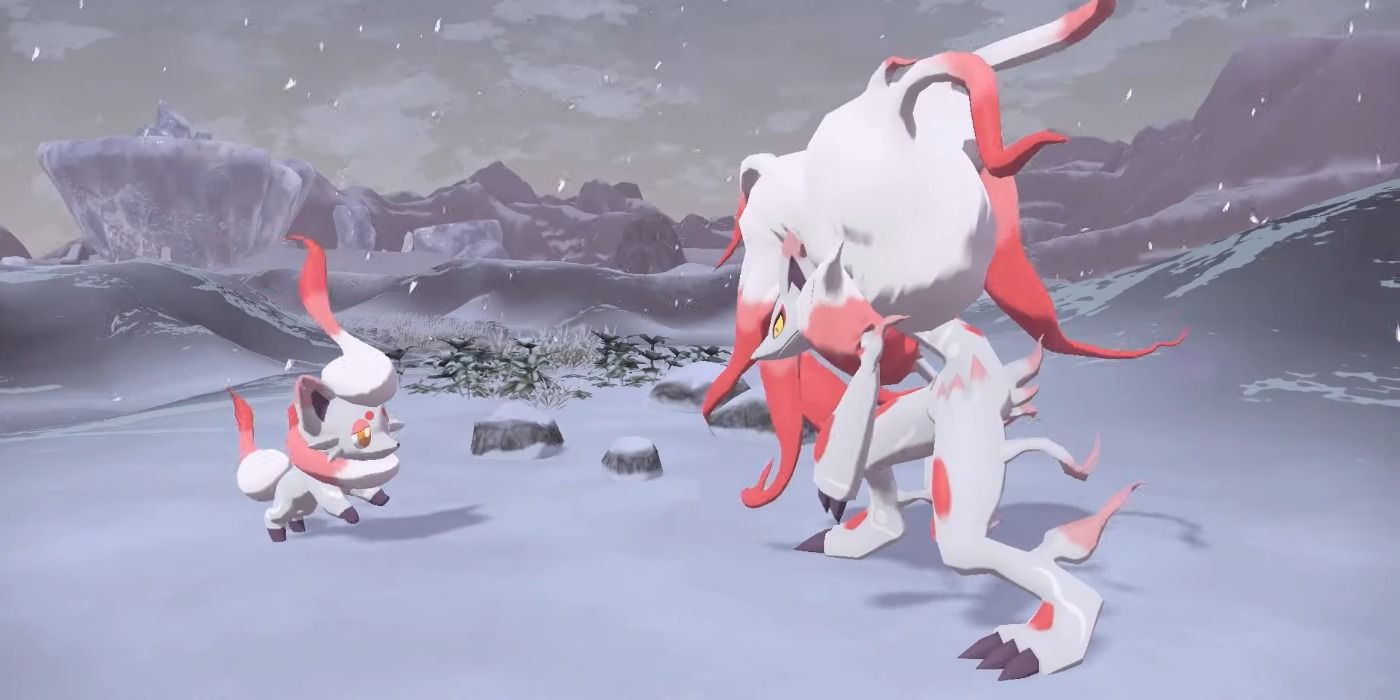   Hisuian Zorua et Zoroark sur une montagne enneigée dans Pokémon Legends : Arceus