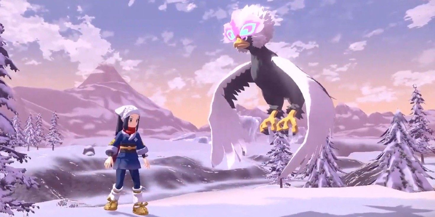 Akari facing Hisuian Braviary in Pokémon Legends: Arceus