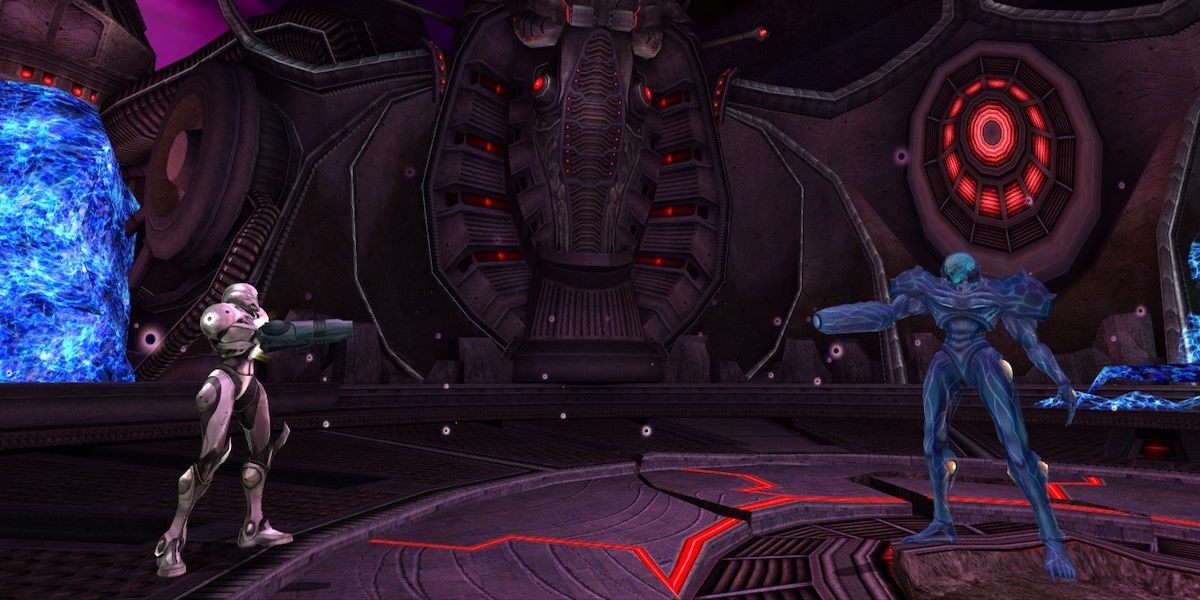 Samus meets her doppleganger in Metroid Prime 2.