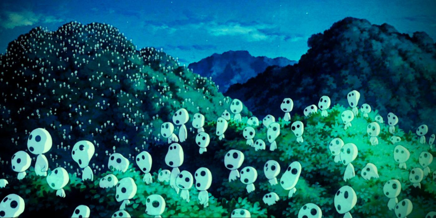 The Kodama walk across the countryside at night in Princess Mononoke.