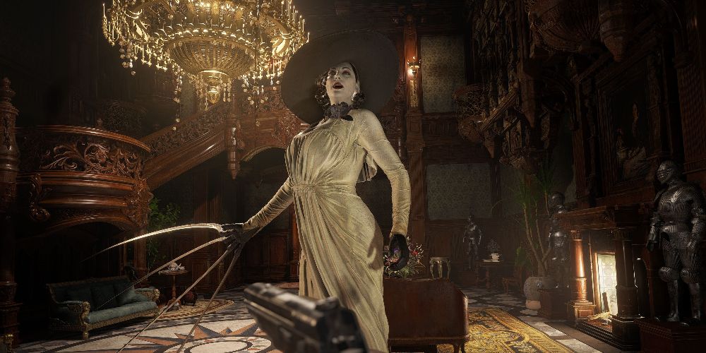 A woman fans a large razor claw in Resident Evil: Village