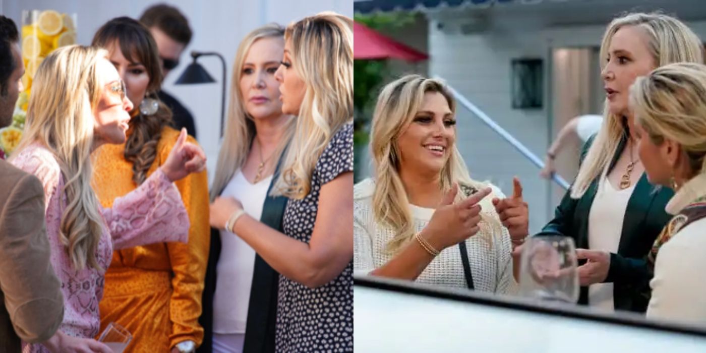 Split image of Braunwyn and Gina fighting and Gina and Shannon at a party on RHOC