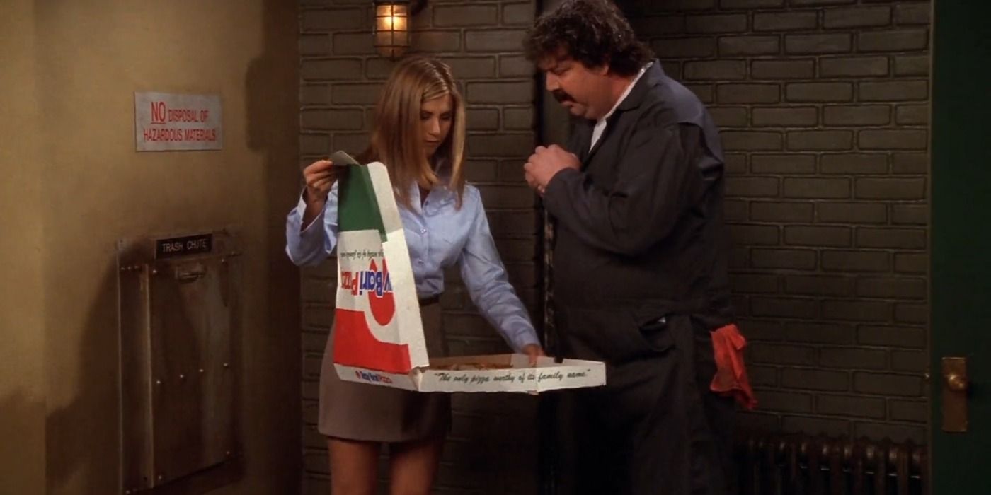 Rachel offers Mr. Treeger stale pizza slices in the garbage room Friends 