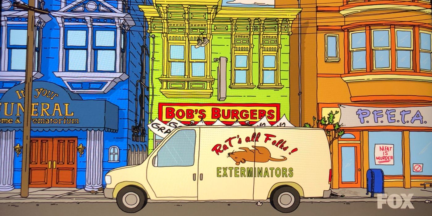 Rat's All Folks Pest control parked outside Bob's Burgers