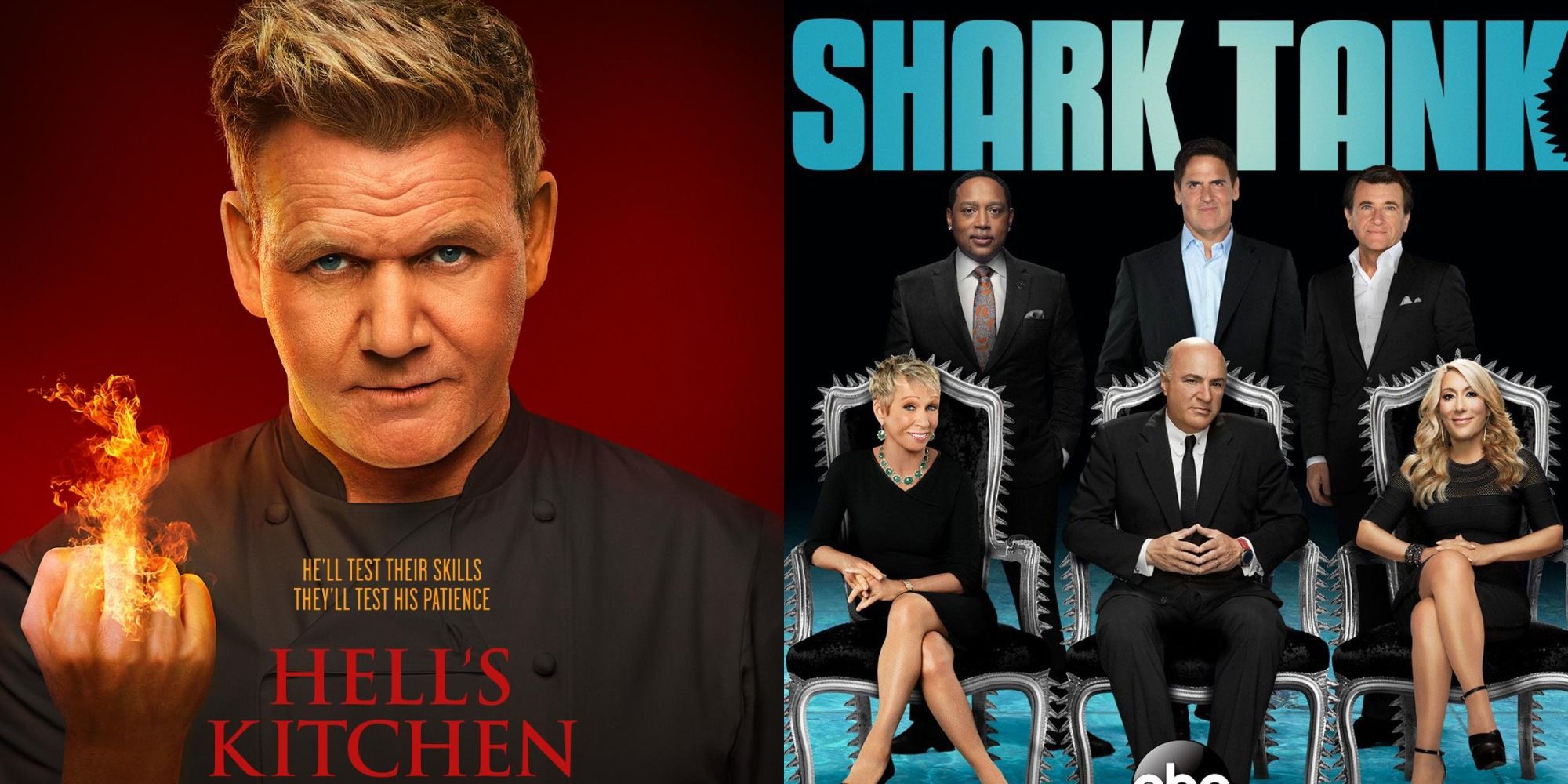 Split image showing posters for Hell's Kitchen and Shark Tank