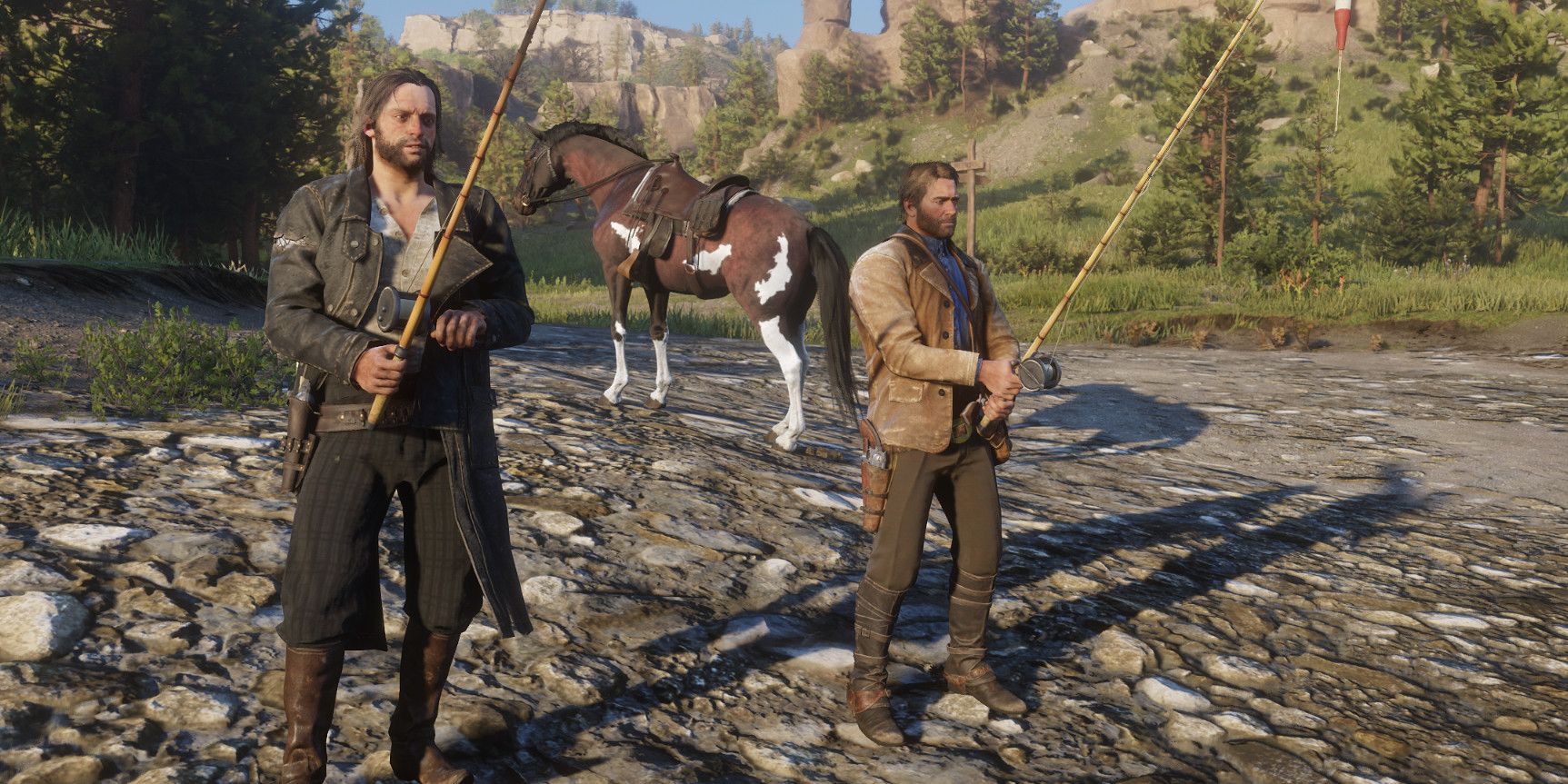 Screenshot of Arthur Morgan fishing with a companion in Red Dead Redemption 2