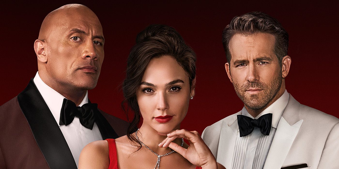 The Rock, Gal Gadot, &amp; Ryan Reynolds look at the camera in Red Notice.