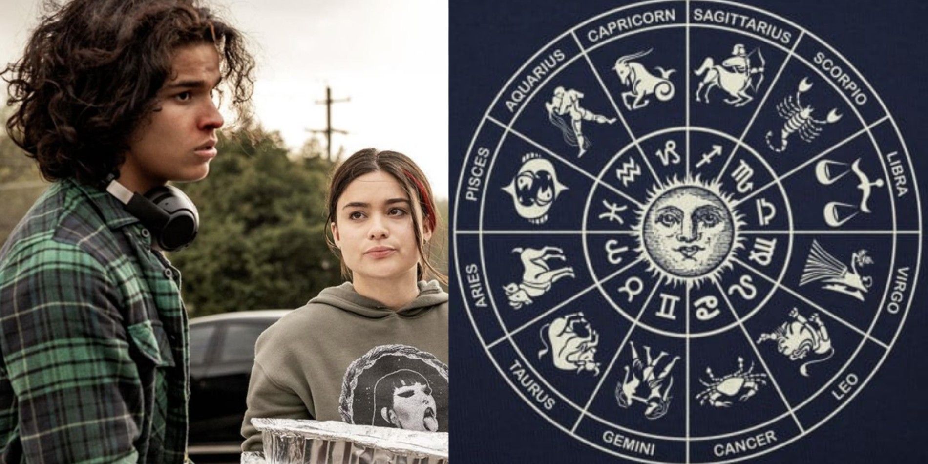 Split image: Bear and Elora Danan from Reservation Dogs, the Zodiac wheel