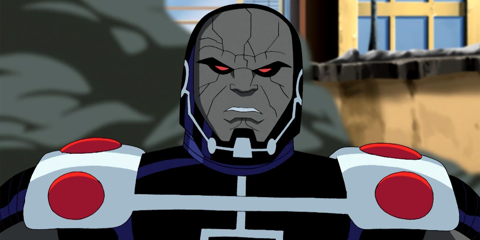 Darkseid ressuscitado parado em uma cratera na Justice League Unlimited