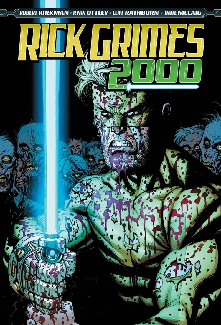 Comic book cover: Rick Grimes covered in blood in a superhero suit, holding a light saber, surrounded by zombies.