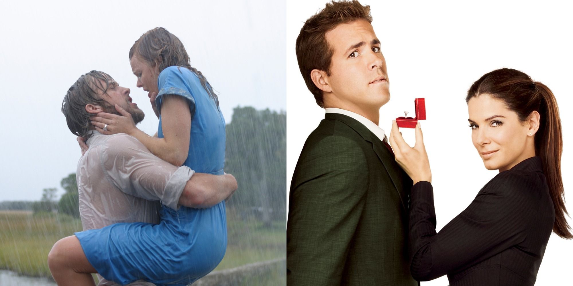 Split image showing a scene from The Notebook and the poster for The Proposal