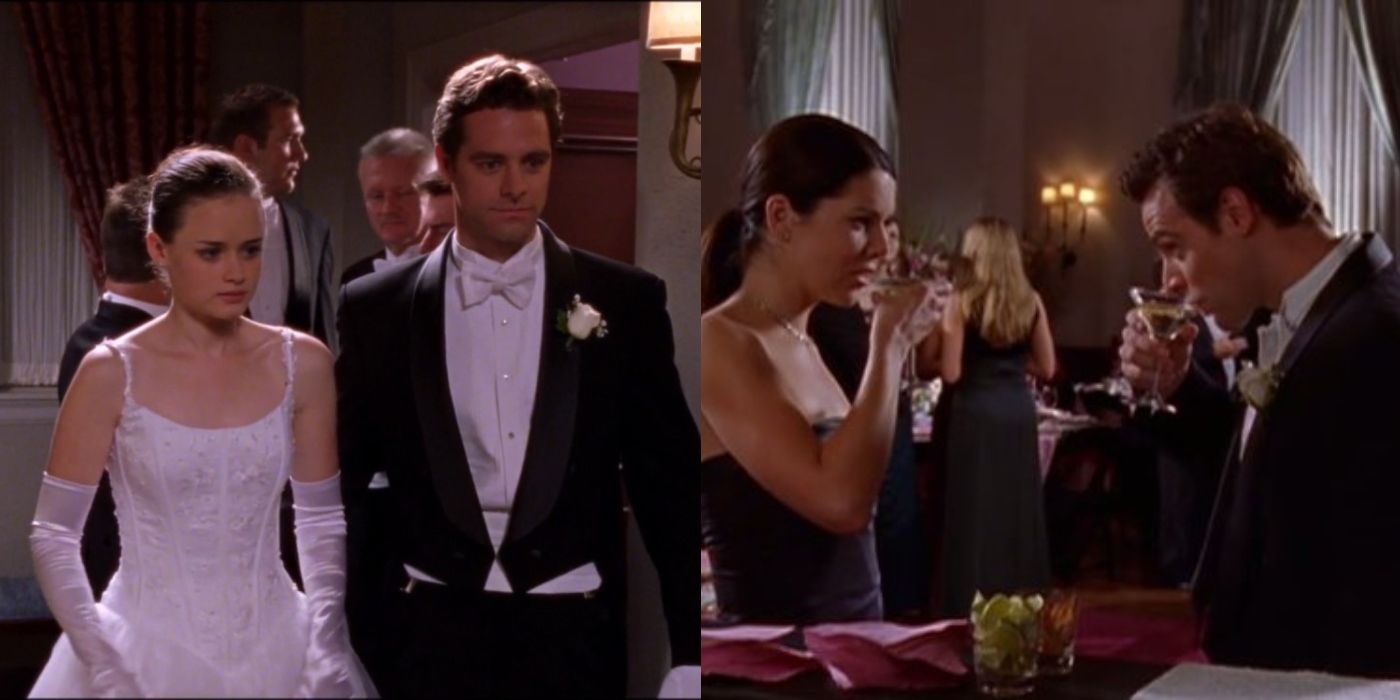 Split image of Rory and Christopher and Lorelai at Rory's debutante ball on Gilmore Girls
