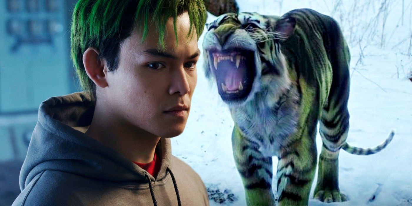 Superimposed image of Beast Boy in human and tiger form in Titans.