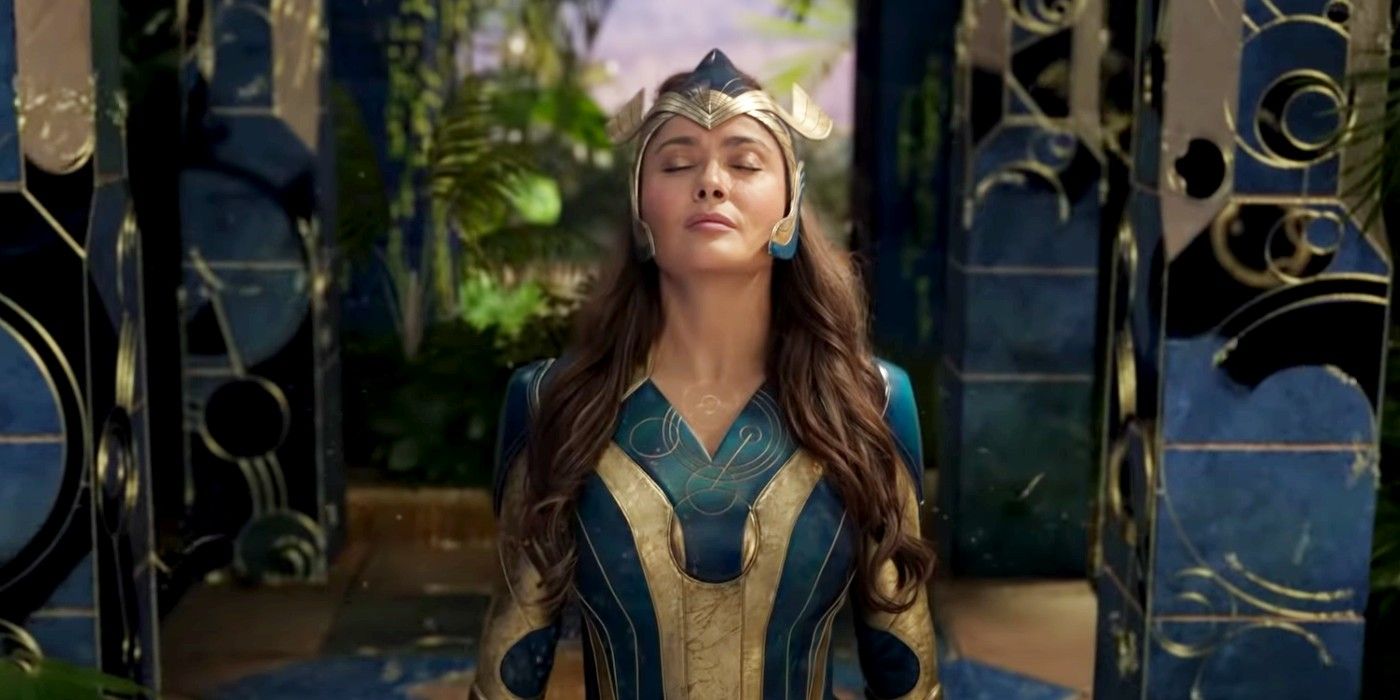 Salma Hayek closes her eyes and looks to the sky in Eternals