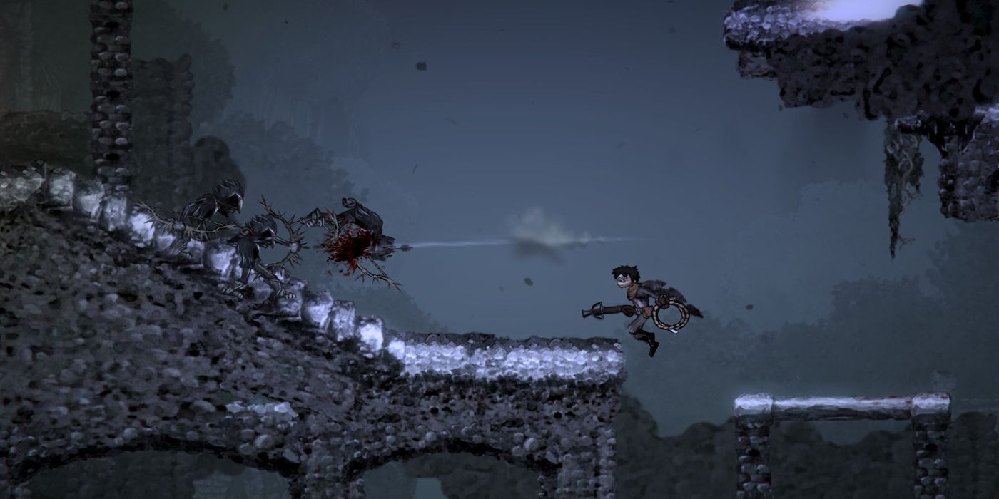A boy jumps from one platform to another as beasts attack him in Salt and Sanctuary.