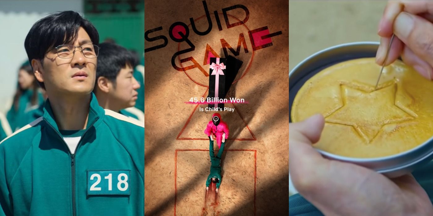Three images showing Sang-woo, the Squid Game poster, and dalgona candy featured on the show.
