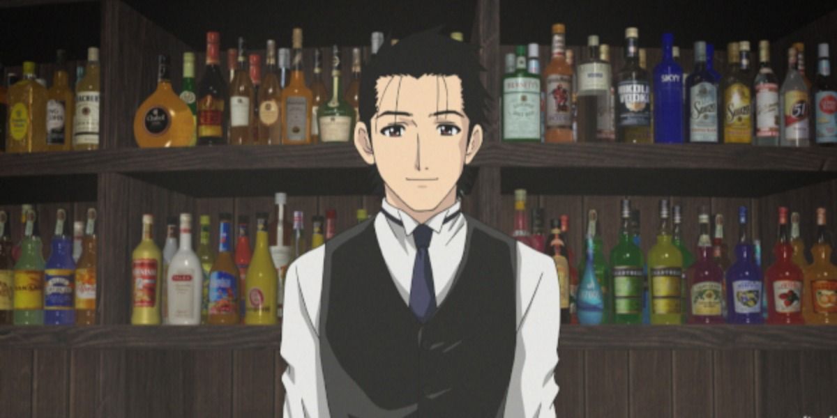 Sasakura in Bartender standing behind the bar smiling in his uniform