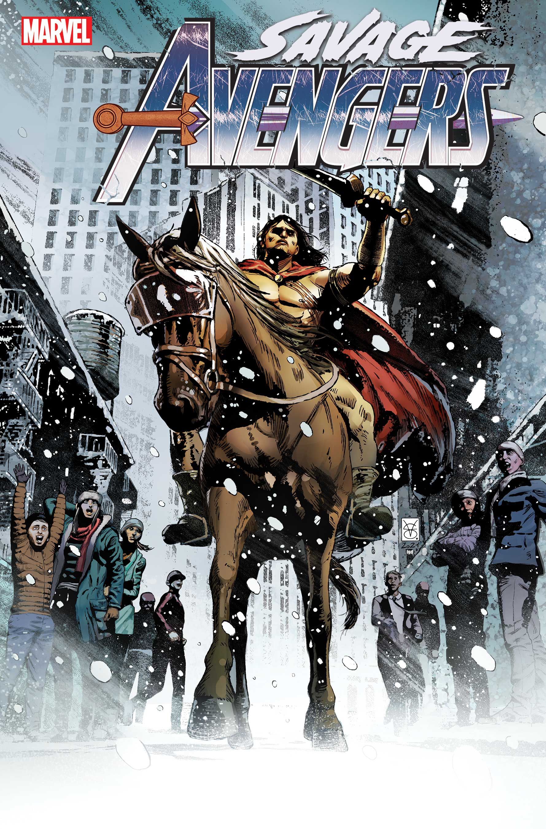 Savage Avengers 28 cover featuring Conan on a horse