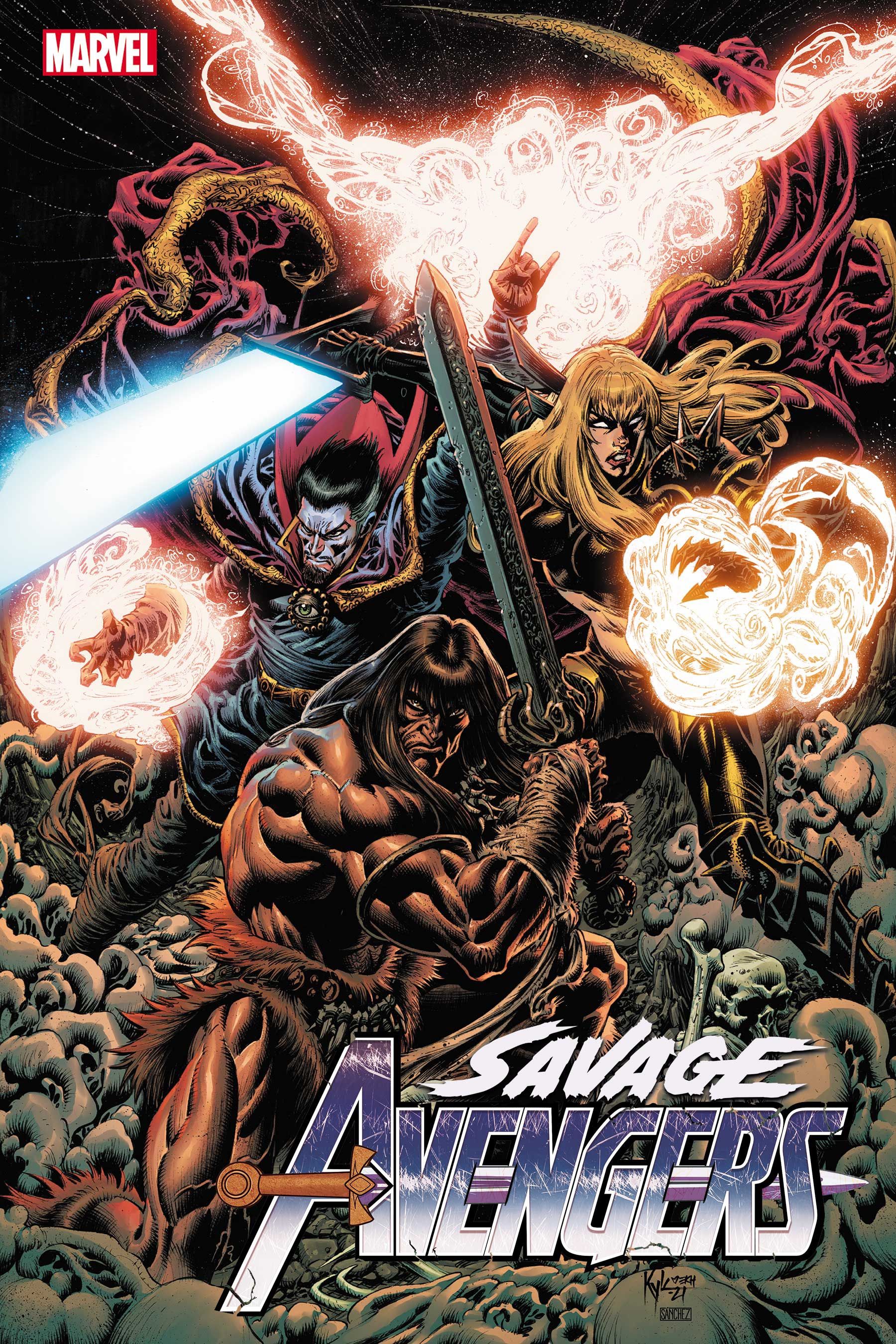 Savage Avengers cover featuring Doctor Strange, Majik and Conan fighting