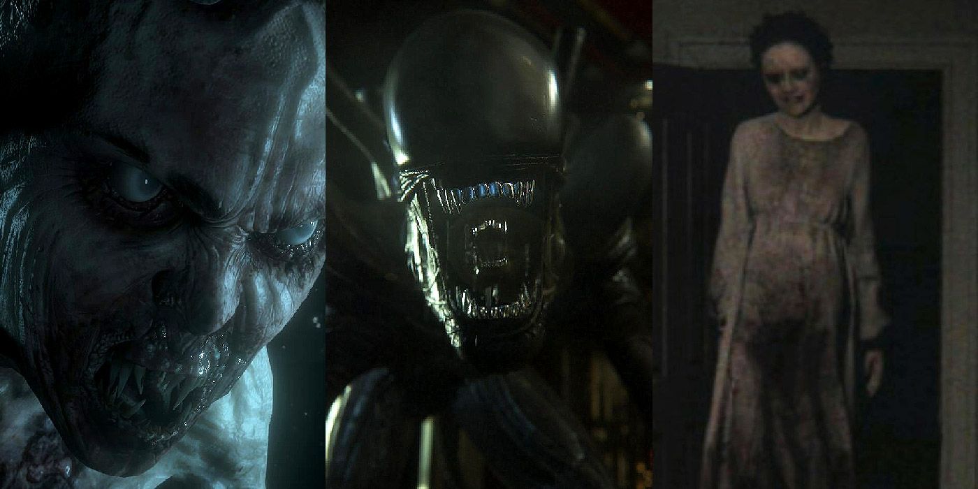 Split image of a Wendigo from Until Dawn, the Xeno from Alien Isolation, and Lisa from the P.T. Demo