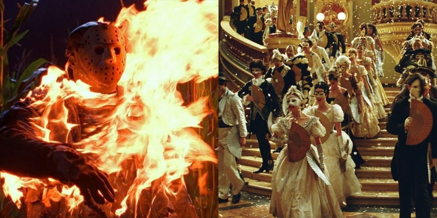 Two side by side images of Jason engulfed in flames and the party in Phantom of the Opera.