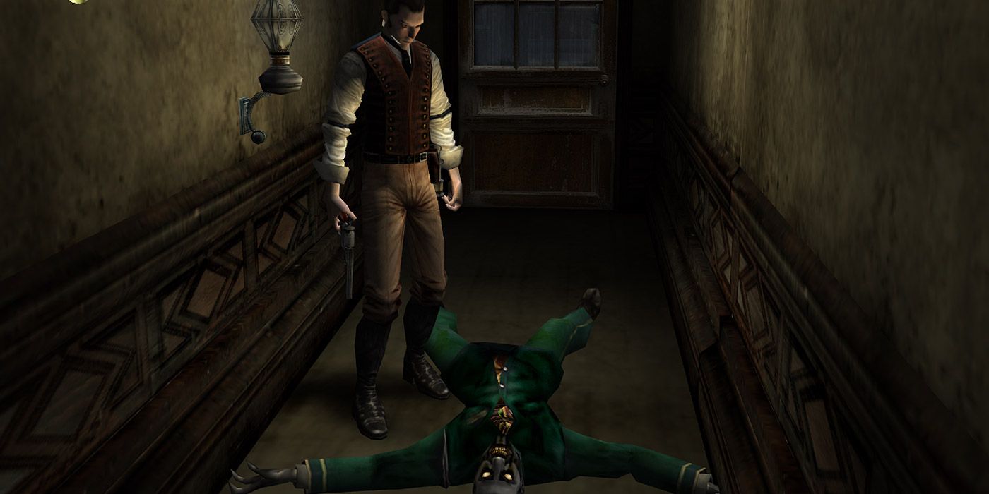 A character stands over the corpse of a zombie in Curse: The Eye of Isis