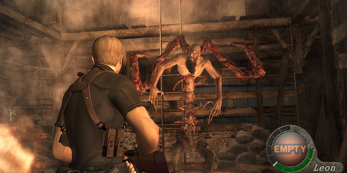 Leon fights a mutated monster in Resident Evil 4