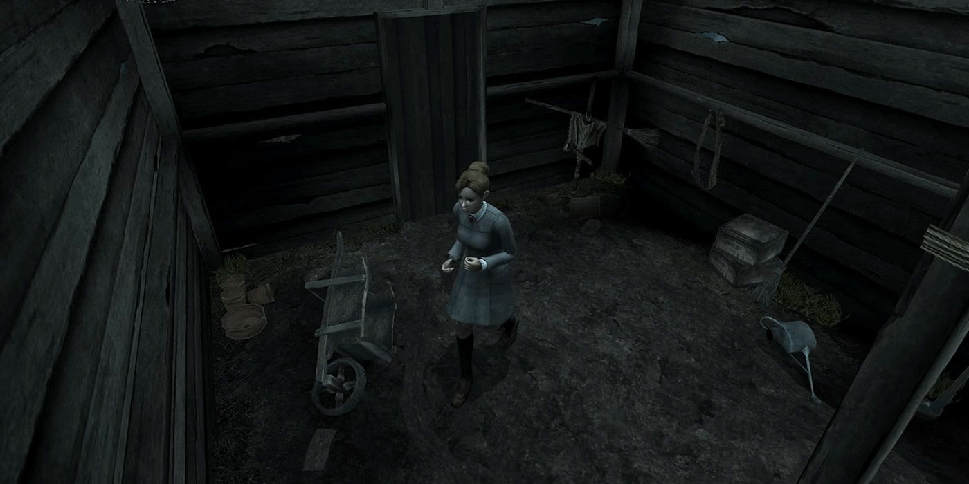A young lady investigates a barn in Rule of Rose