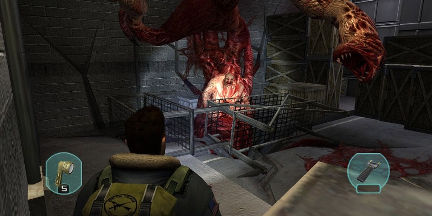 A player fights an alien parasite in The Thing