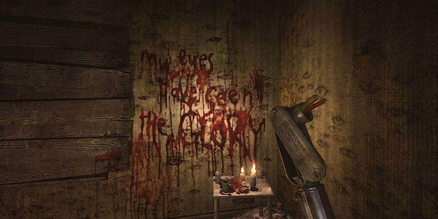 Um jogador se depara com uma mensagem escrita com sangue em Condemned 2