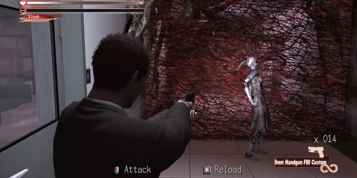 A man aims a gun at a demonic looking woman in Deadly Premonition.