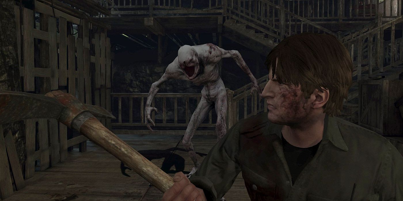 A demonic creature sneaks up on an armed player in Silent Hill: Downpour