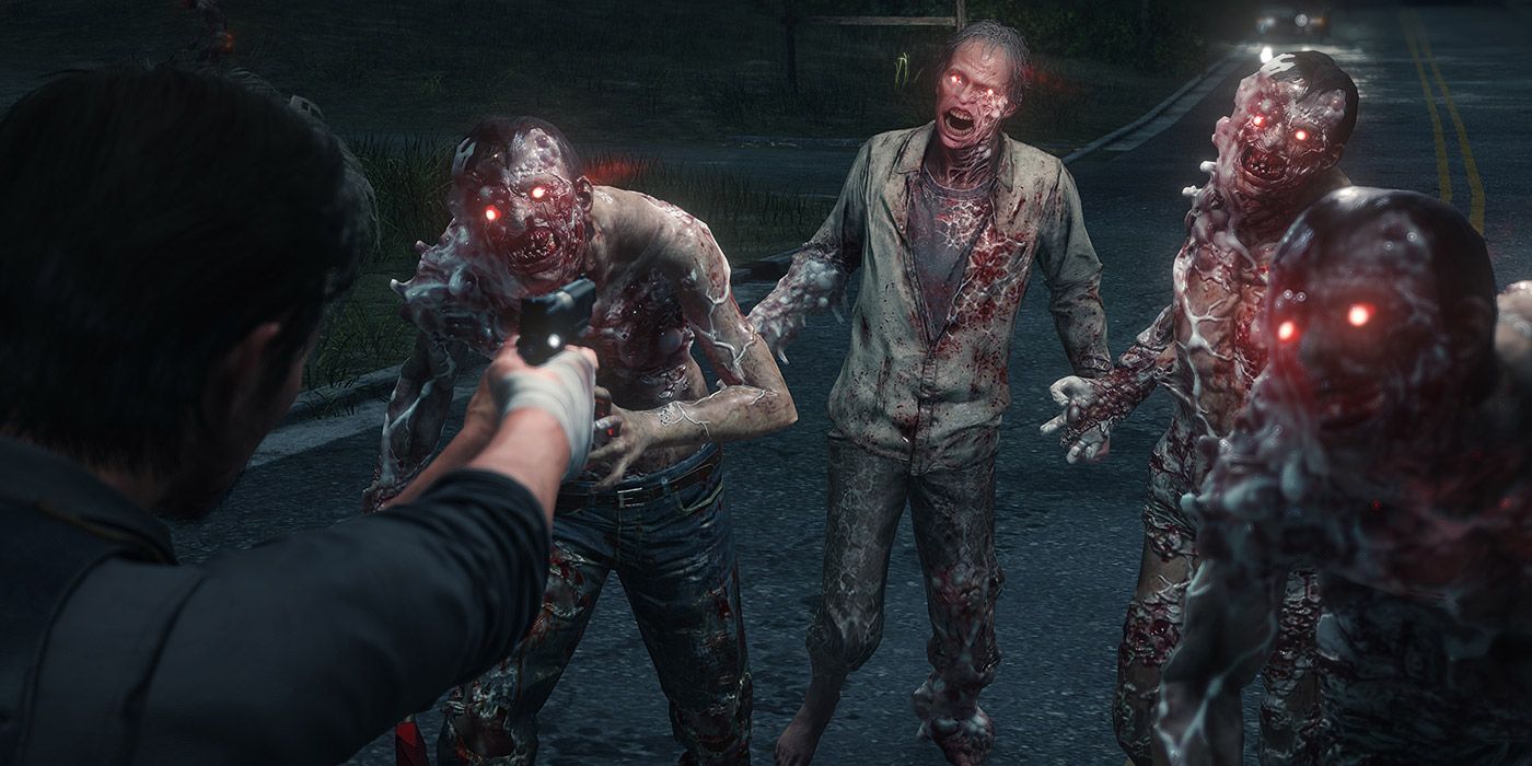 A character aims a gun at several demonic zombies in The Evil Within