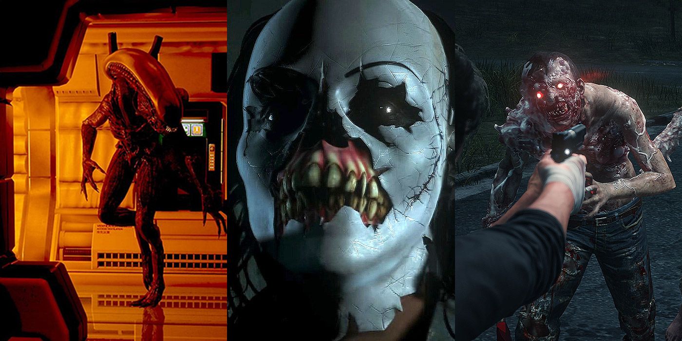 Split image of Alien Isolation, Until Dawn and a man shooting a zombie in The Evil Within.
