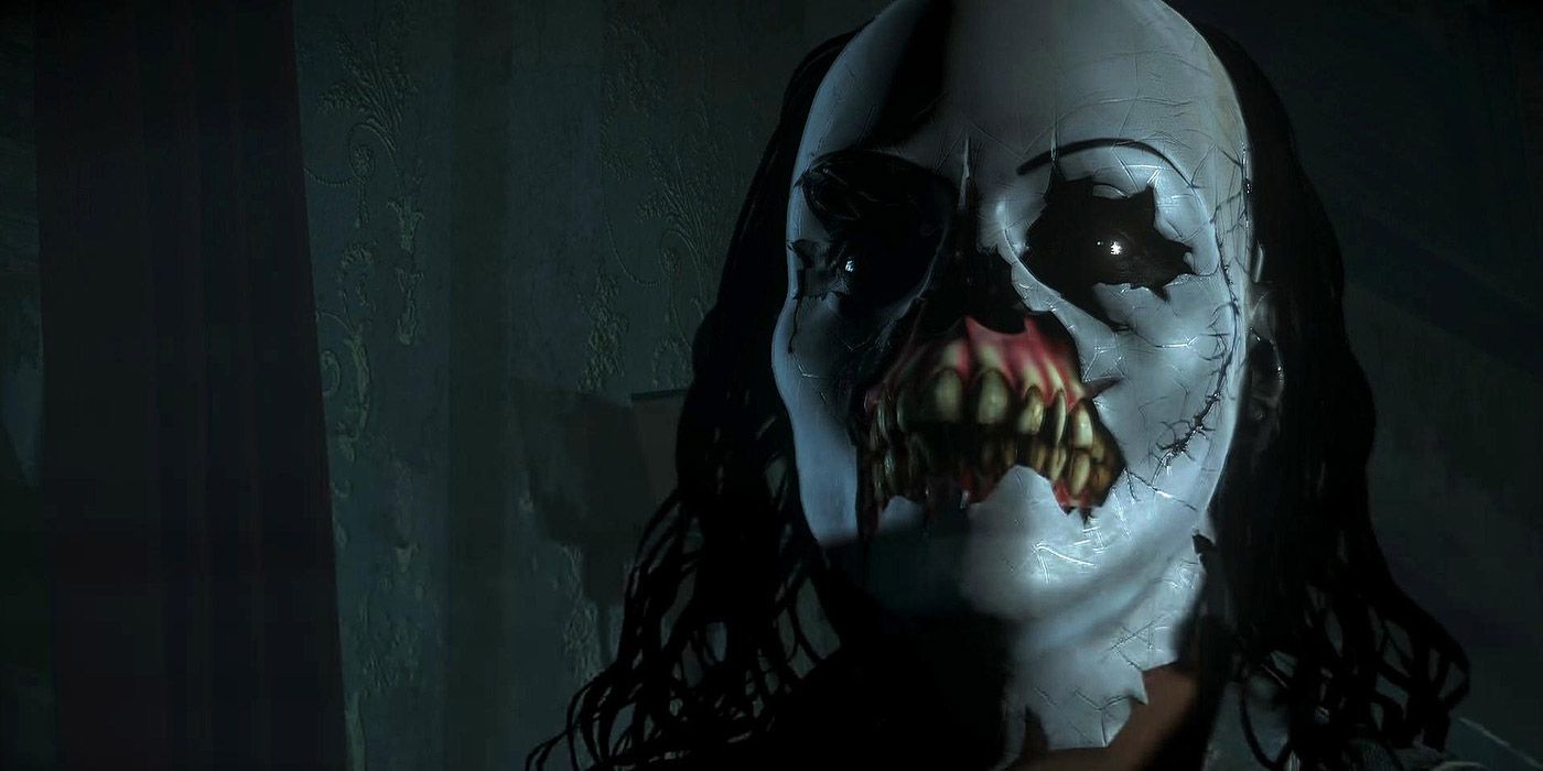 The killer with his teeth exposed through a scary mask in Until Dawn