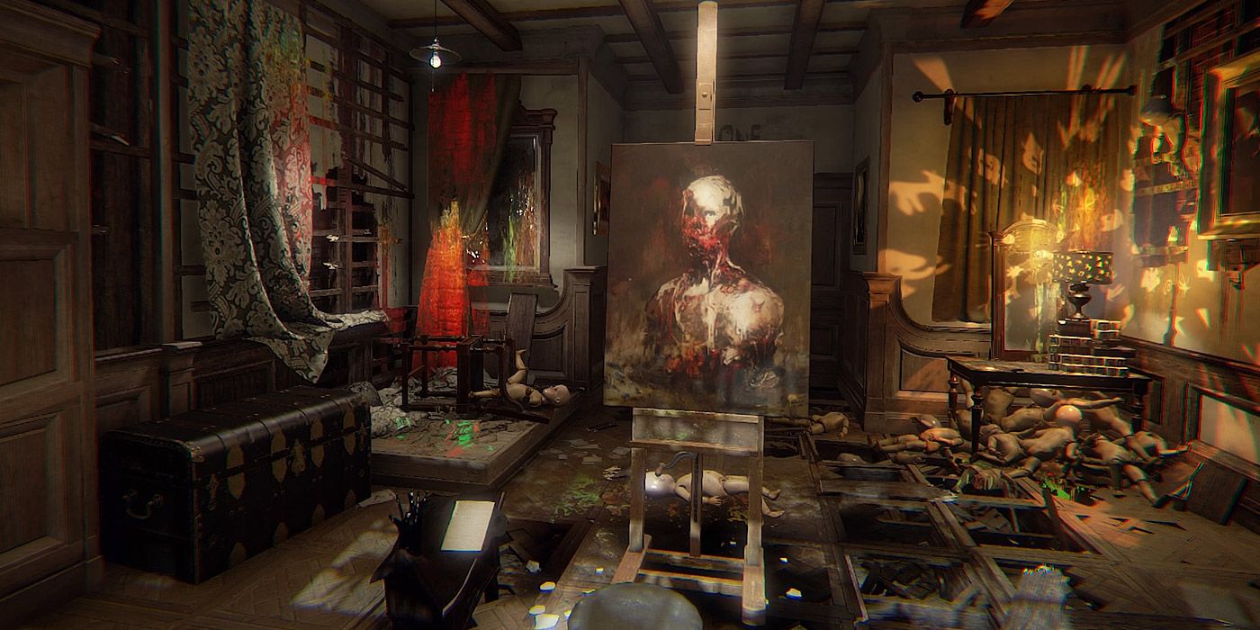 A macabre painting in the middle of an ominous room in Layers of Fear