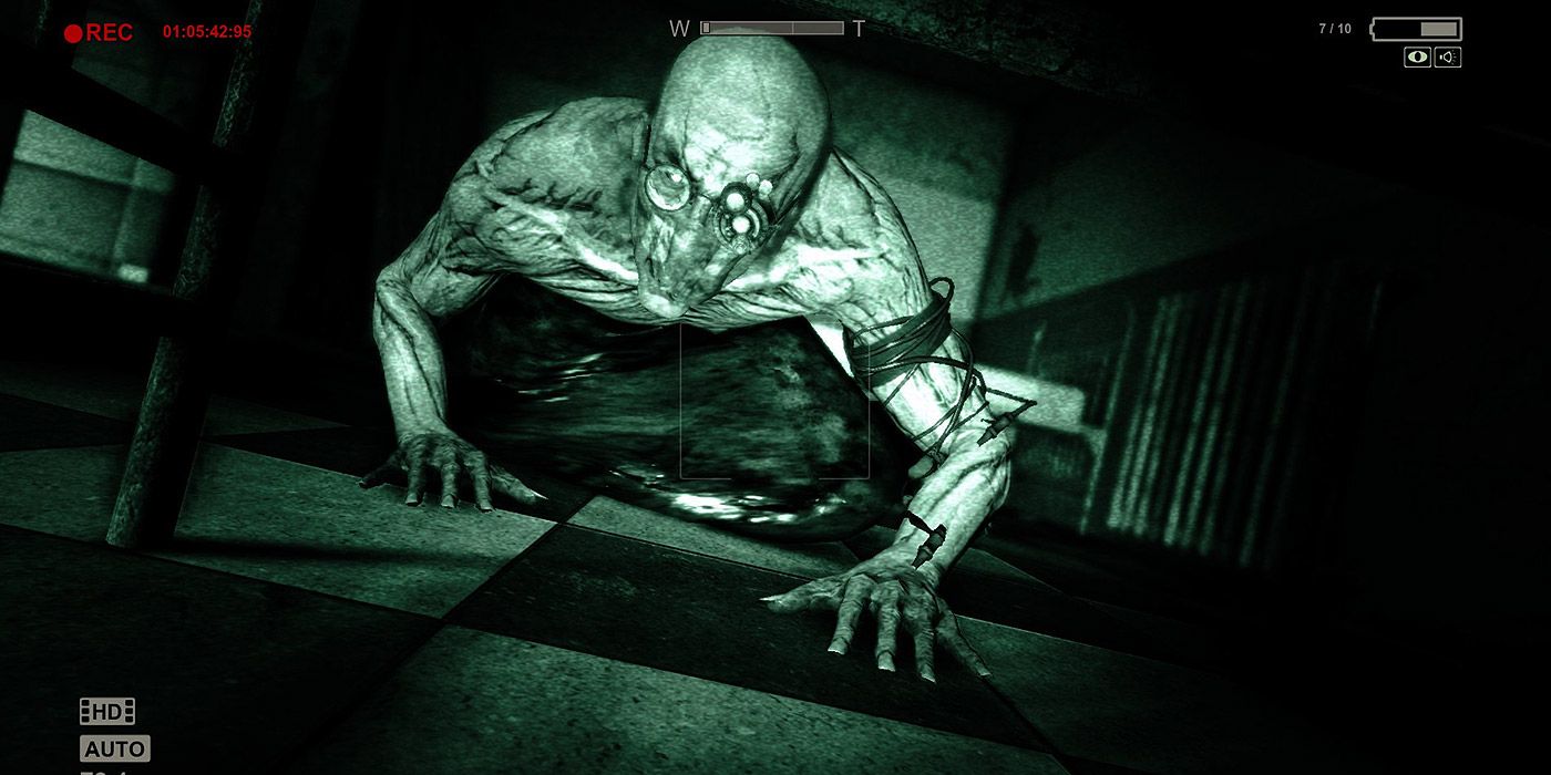A patient pursuing the player in Outlast, crawling on all fours.