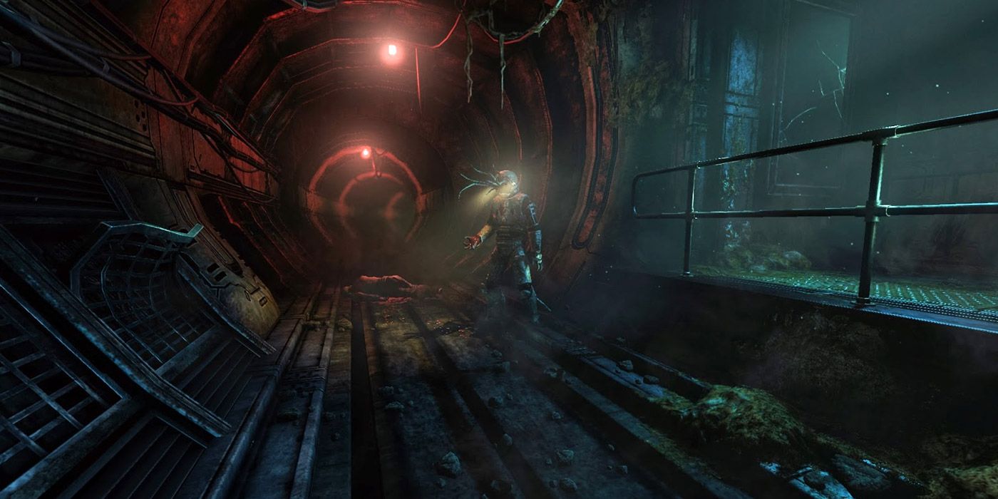 A mysterious monster standing ominously in a murky transport tunnel in SOMA