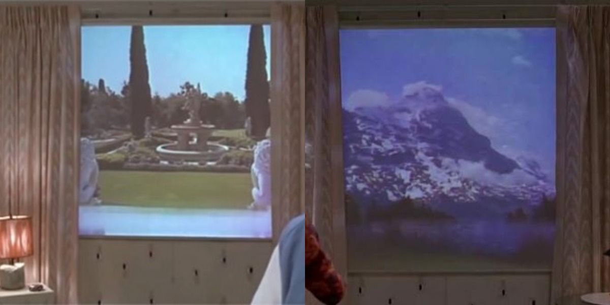 The scene screen from Back To The Future Part 2, displaying a garden landscape and a mountain view