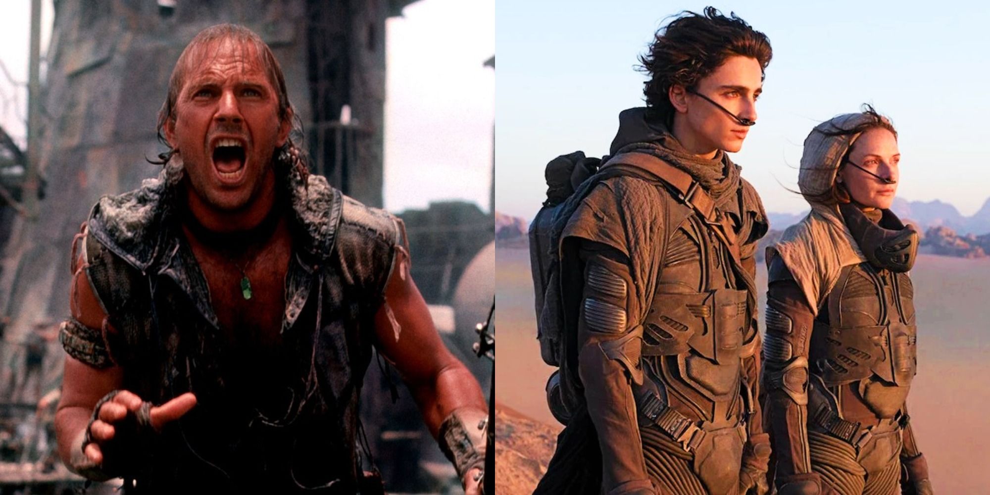 Split image of Kevin Costner in Waterworld and Paul in Dune