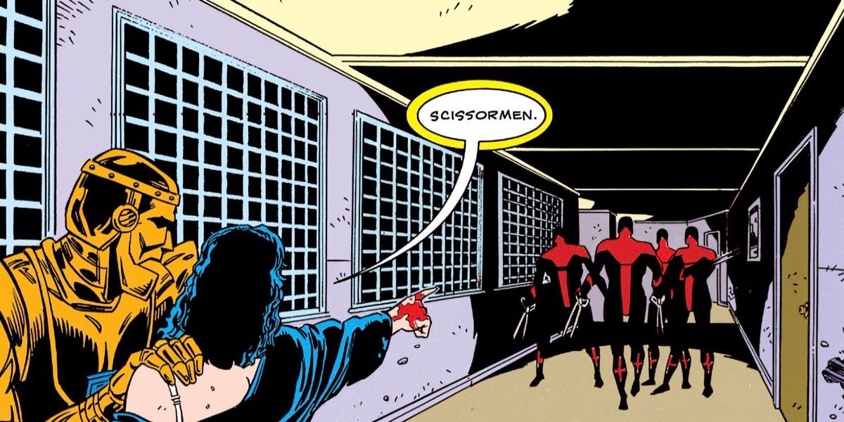 Doom Patrol points at the Scissormen in a hall in DC Comics.