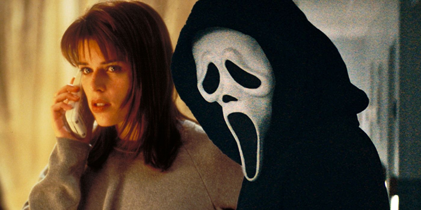 Superimposed image of Sidney talking on the phone in Scream & Ghostfcae in Scream 5.