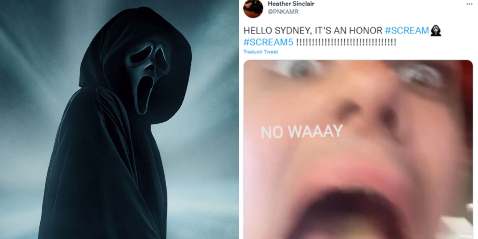 Split image showing Ghostface and a meme reacting to the Scream trailer