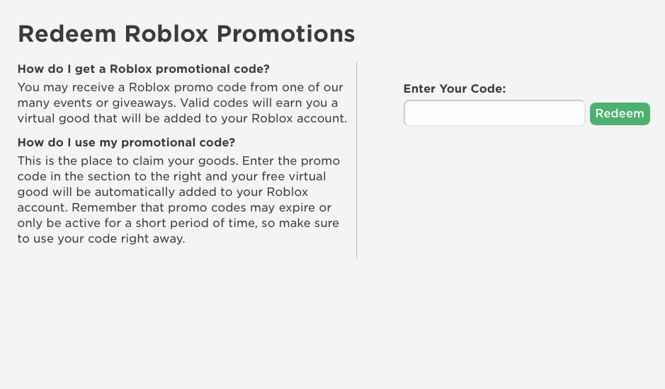 Roblox Promotional Codes Page