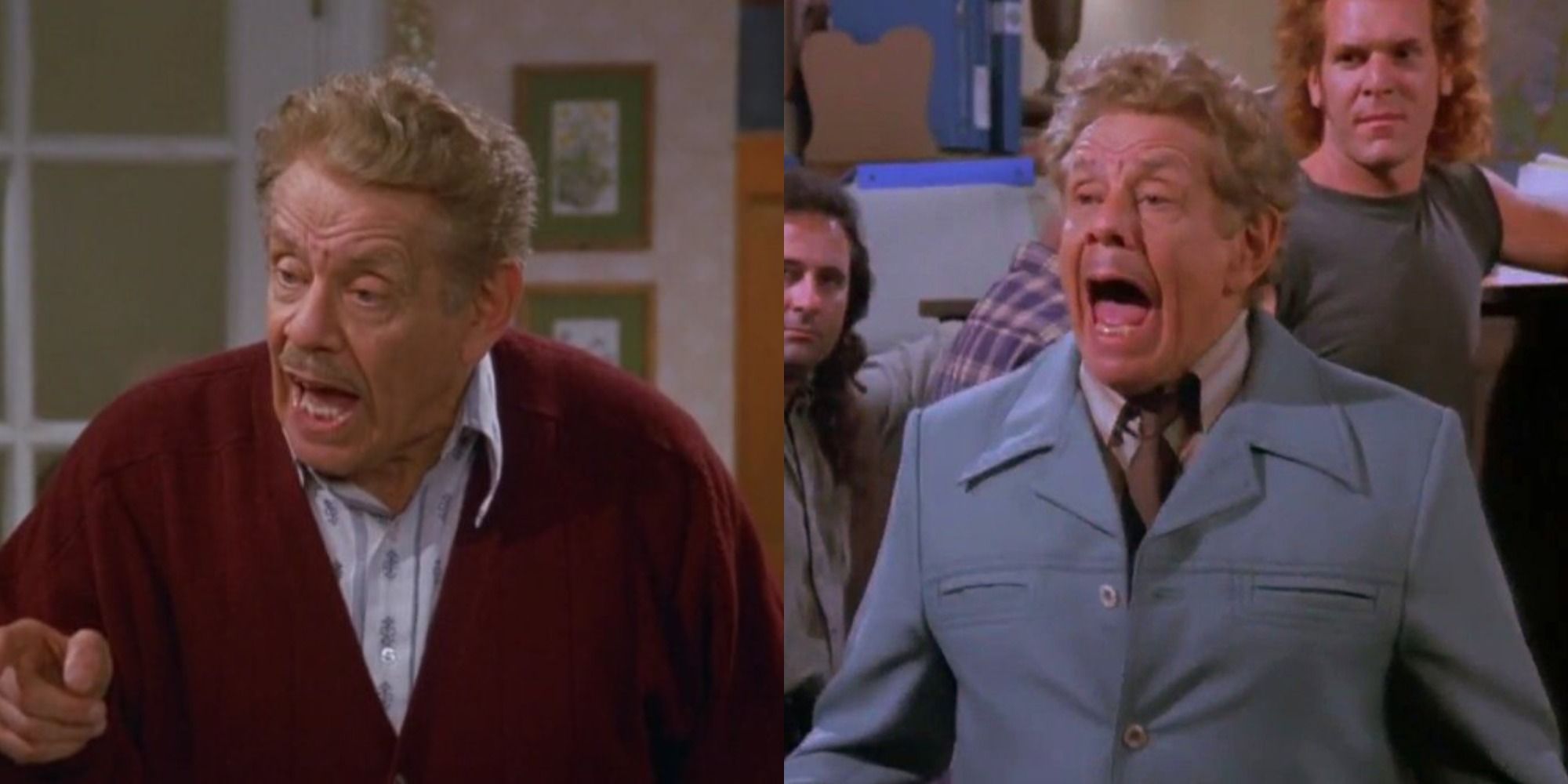 Split image showing Frank Costanza talking and screaming in Seinfeld