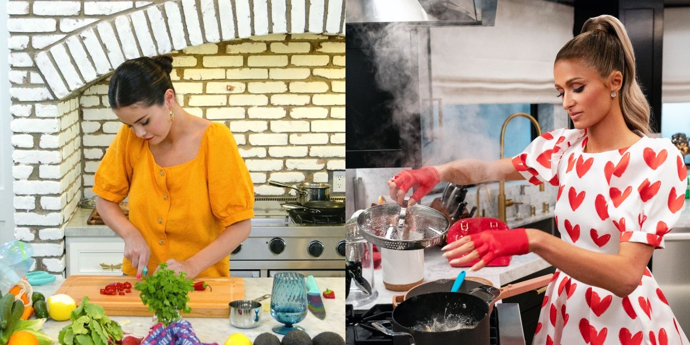 Split image of Selena Gomez cooking on Selena + Chef and Paris Hilton cooking on Cooking With Paris